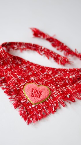 Detal pluszowego serduszka z haftem True Love na tweedowej chuście dla psa Coco