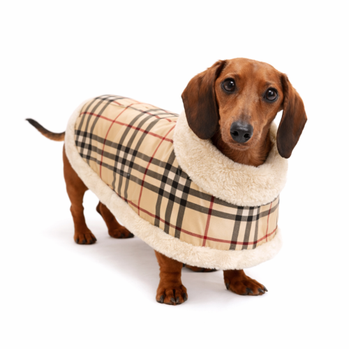 Jamnik w zimowej kurtce dla psa w beżowej kratce z miękkim futerkiem, pokazującej elegancki krój i komfort noszenia. Dachshund wearing a beige check winter dog coat with soft fur trim.