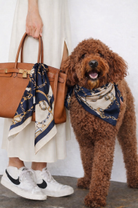 Riviera Set – jedwabne apaszki dla psa i człowieka w kolorze granatowym z ecru