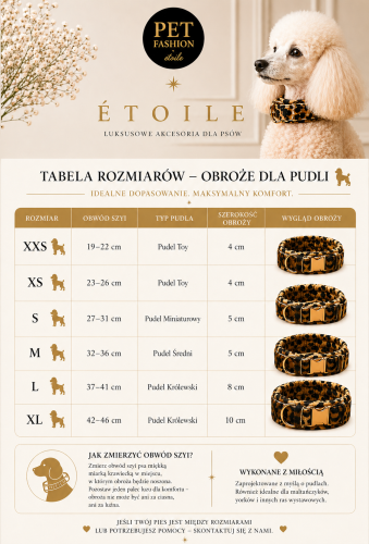 Silk  luksusowa jedwabna obroża ochronna dla pudla ze skóry naturalnej  i okuciami pozłacanymi 24k złotem - tabela rozmiarów obroży dla pudelków