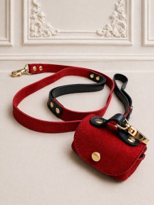 Moon Walk Ruby Set – luksusowy zestaw spacerowy dla psa: smycz i etui ze skóry naturalnej z okuciami pozłacanymi 24k złotem
