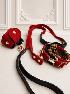 Silk Ruby Set – luksusowy zestaw spacerowy dla pudla: jedwabna obroża, smycz i etui ze skóry naturalnej z okuciami pozłacanymi 24k złotem