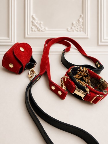 SET Silk Ruby – jedwabna obroża ochronna dla pudla ze skóry naturalnej z okuciami pozłacanymi 24k złotem w kolorze bordowym smycz i etui.PNG