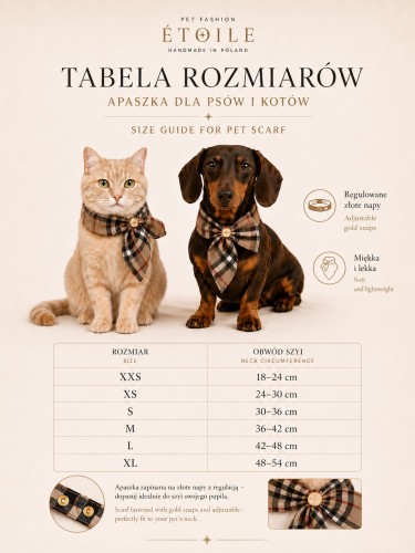 Tabela rozmiarów apaszki dla psa i kota – wymiary akcesoriów PET Fashion ÉTOILE