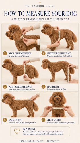 Instrukcja mierzenia psa pokazująca, jak zmierzyć długość grzbietu, obwód klatki piersiowej, talii i szyi na małym jasnym psie. Dog measuring guide showing how to measure back length, chest, waist, and neck circumference on a small light-colored dog.