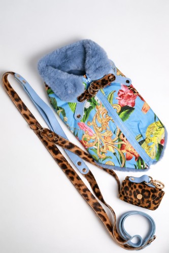 Luksusowy zestaw dla psa – kurtka z błękitnym futerkiem, skórzana smycz Moon Walk i etui Moon Pop w motyw pantery. Gala Panther Jungle luxury dog set with blue fur-trimmed jacket, Moon Walk leather leash and leopard-print Moon Pop waste bag holder.